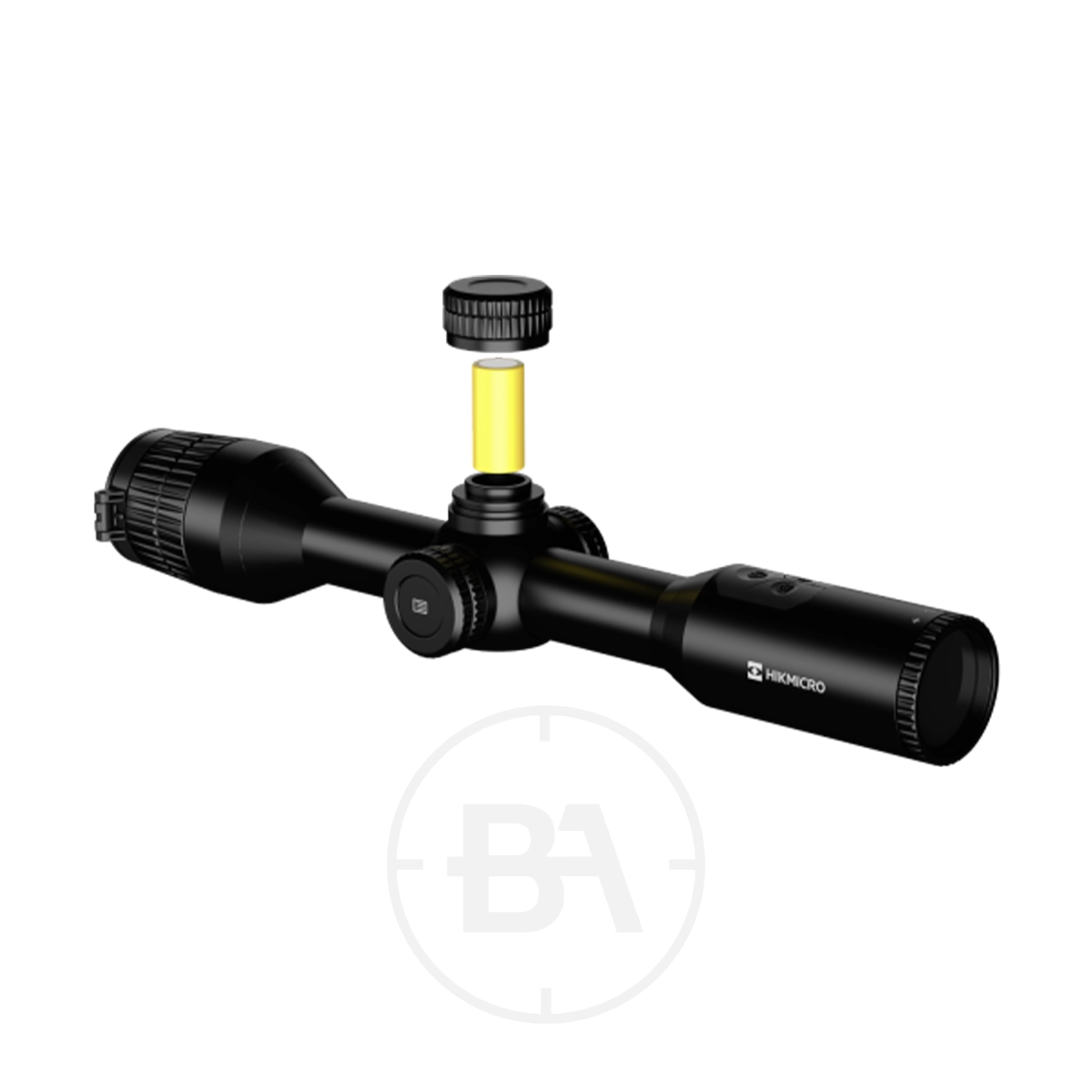 HIKMICRO Stellar SH35 Thermal Imaging Rifle Scope 9 The HIKMICRO Stellar SH35 Thermal Imaging Rifle Scope is shown with black adjustment knobs and a yellow inner part, set against a white background featuring a subtle BA logo watermark.