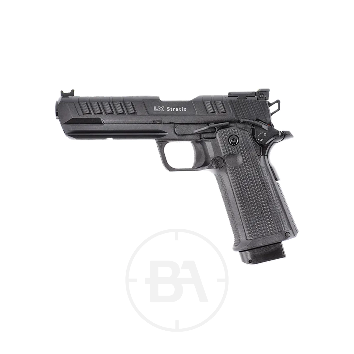 Umarex UX Stratix CO2 BB Pistol 1 A black Umarex UX Stratix CO2 BB Pistol, featuring a sleek semi-automatic design and a textured grip, is shown in side profile against a white background, with a subtle circular UX Stratix logo watermark appearing beneath the pistol.