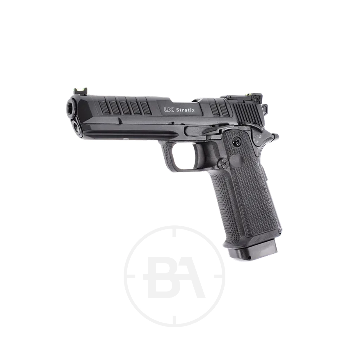 Umarex UX Stratix CO2 BB Pistol 2 A black Umarex UX Stratix CO2 BB pistol, featuring the "STrATiX" label on its slide, is displayed angled to the left against a plain white background. This model combines realistic design with the precision engineering characteristic of the UX Stratix series.