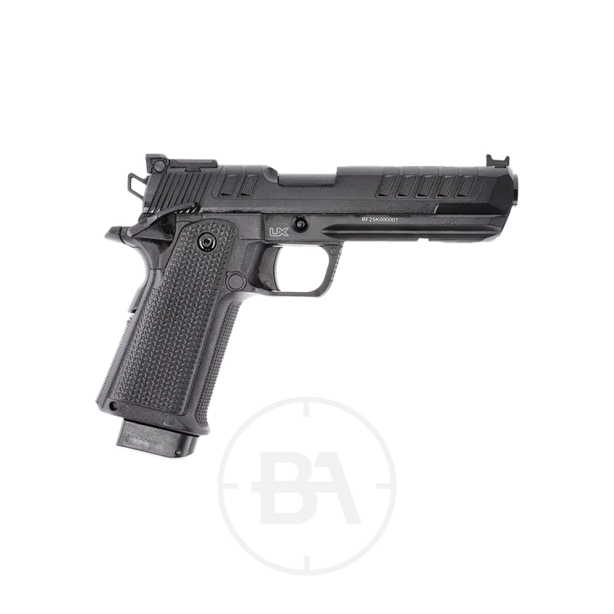 Umarex UX Stratix CO2 BB Pistol 3 The Umarex UX Stratix CO2 BB Pistol is displayed on a white background, angled to the left to showcase its black finish, textured grip, and detailed trigger, emphasising its ergonomic design inspired by the UX Stratix series.