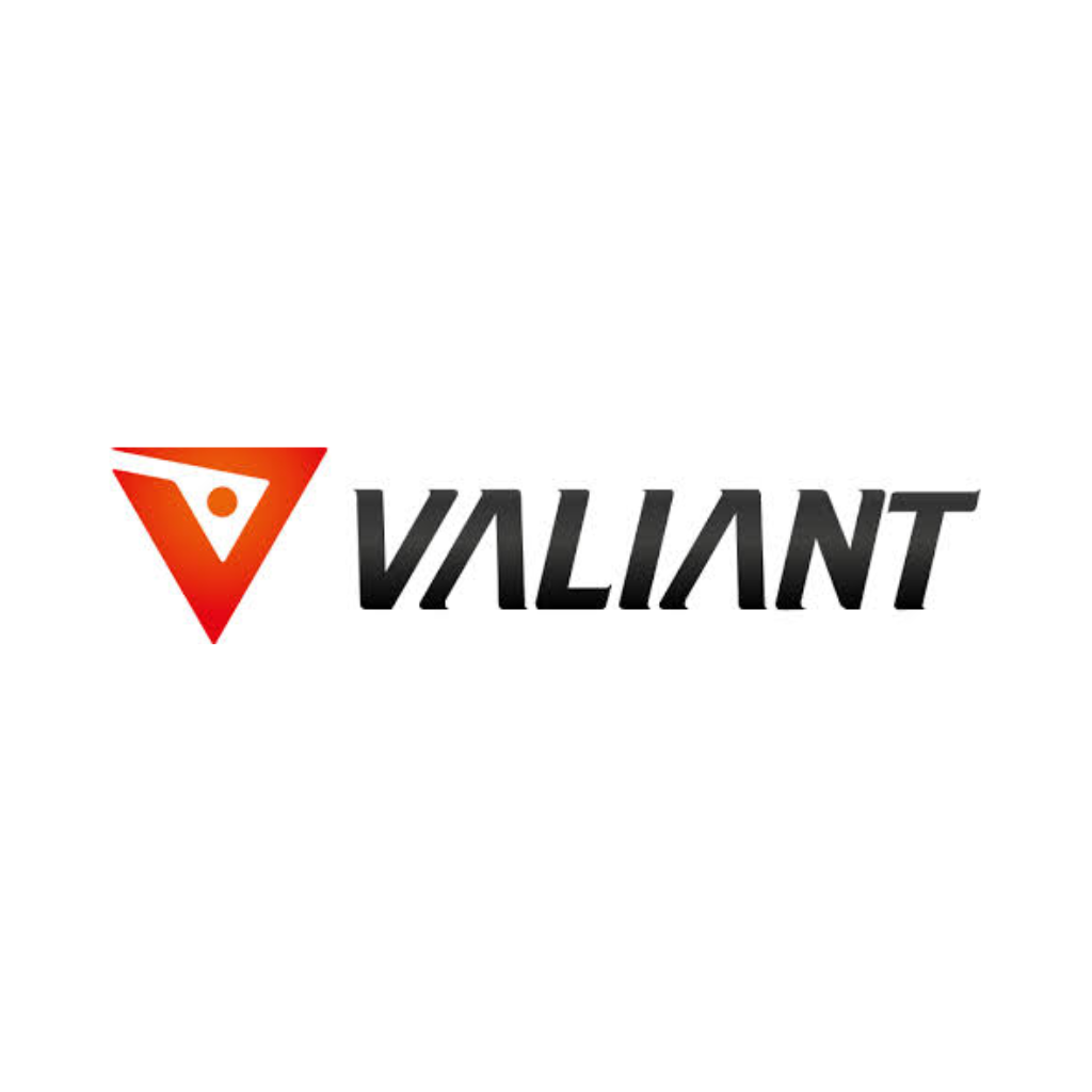 Valiant logo featuring a red triangular symbol with a central dot to the left of the word "VALIANT" in bold, black, stylized uppercase letters on a white background.