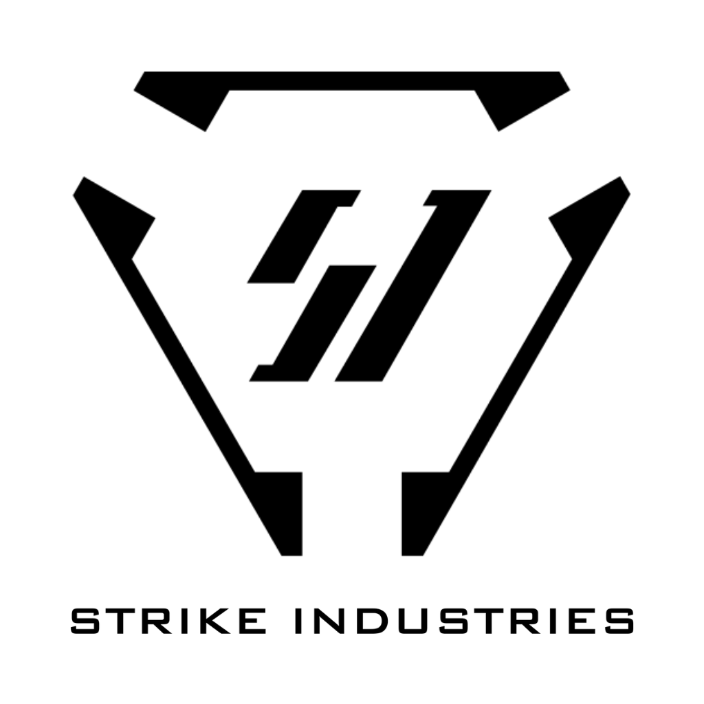 Black geometric logo consisting of angular shapes forming a stylised "SI" in the centre, with the text "STRIKE INDUSTRIES" in bold capital letters below on a white background.