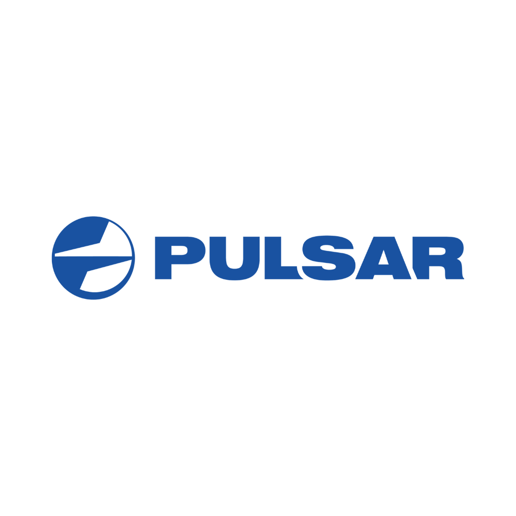 Blue Pulsar logo with a stylised white and blue circular emblem on the left and the word "PULSAR" in bold blue capital letters to the right, set against a white background.