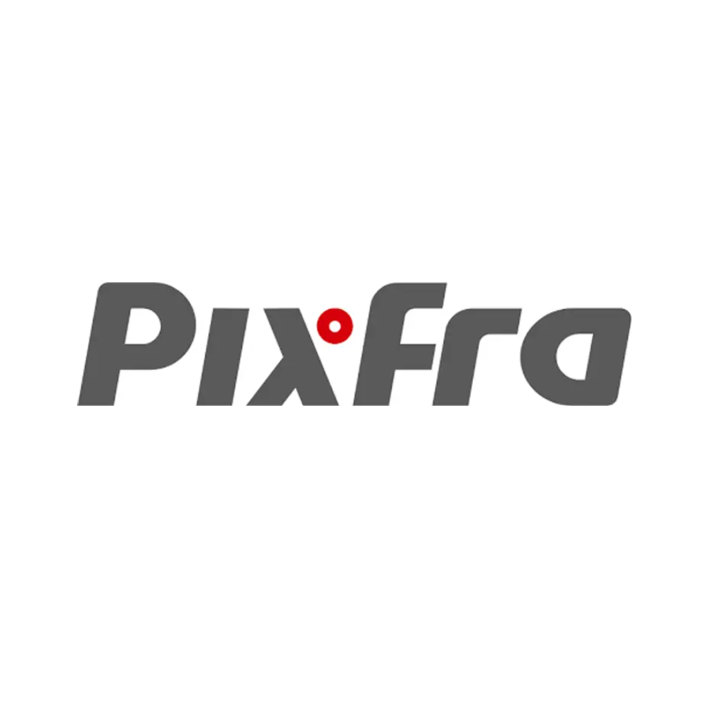 The Pixfra logo features the word "PixFra" in bold, grey lowercase letters with a red dot accent inside the letter "i," all set against a white background.
