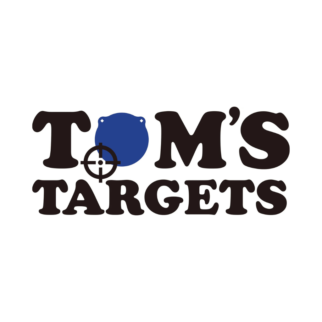 Logo for "Tom's Targets" with a blue target replacing the letter "O" in "TOM'S" and a black crosshair over it; bold black text on a white background.