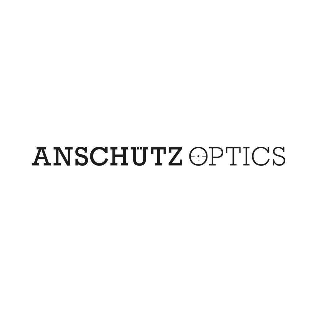 The logo shows the words "ANSCH&Uuml;TZ OPTICS" in black capital letters, with the "O" in "OPTICS" designed as a rifle scope reticle. The design is simple with a white background.