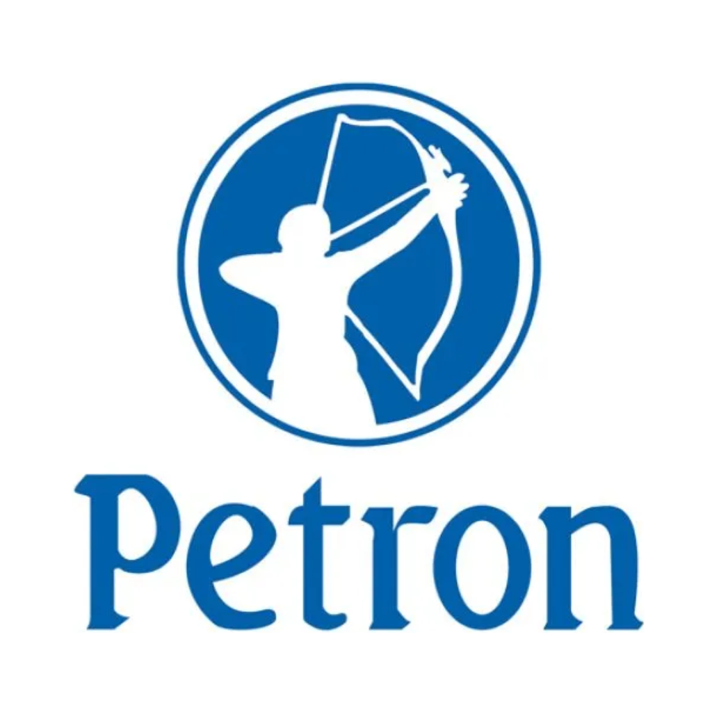 A blue and white logo featuring a silhouette of a person drawing a bow inside a circle above the word "Petron" in bold, stylized letters.