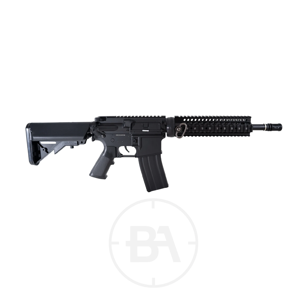 Swiss Arms M4 Saturn CO2 BB Rifle 1 The Swiss Arms M4 Saturn CO2 BB Rifle, in black with a semi-automatic design, short barrel, adjustable stock, pistol grip, and rail system, is shown against a white background.