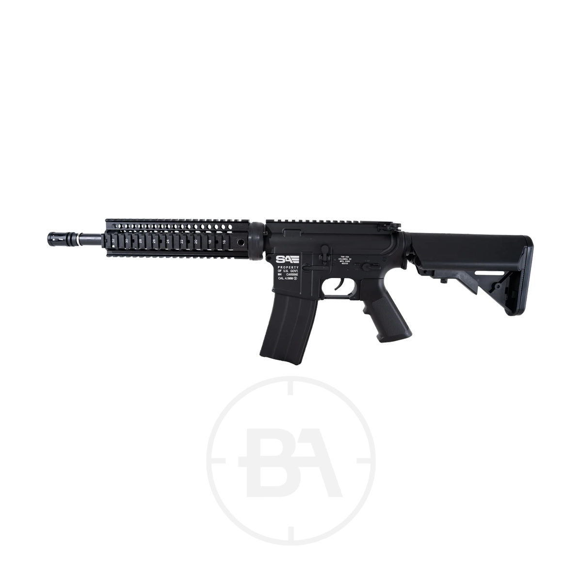 Swiss Arms M4 Saturn CO2 BB Rifle 3 The Swiss Arms M4 Saturn CO2 BB Rifle, shown in black with a collapsible stock, short barrel, and tactical rail system, is displayed on a white background.