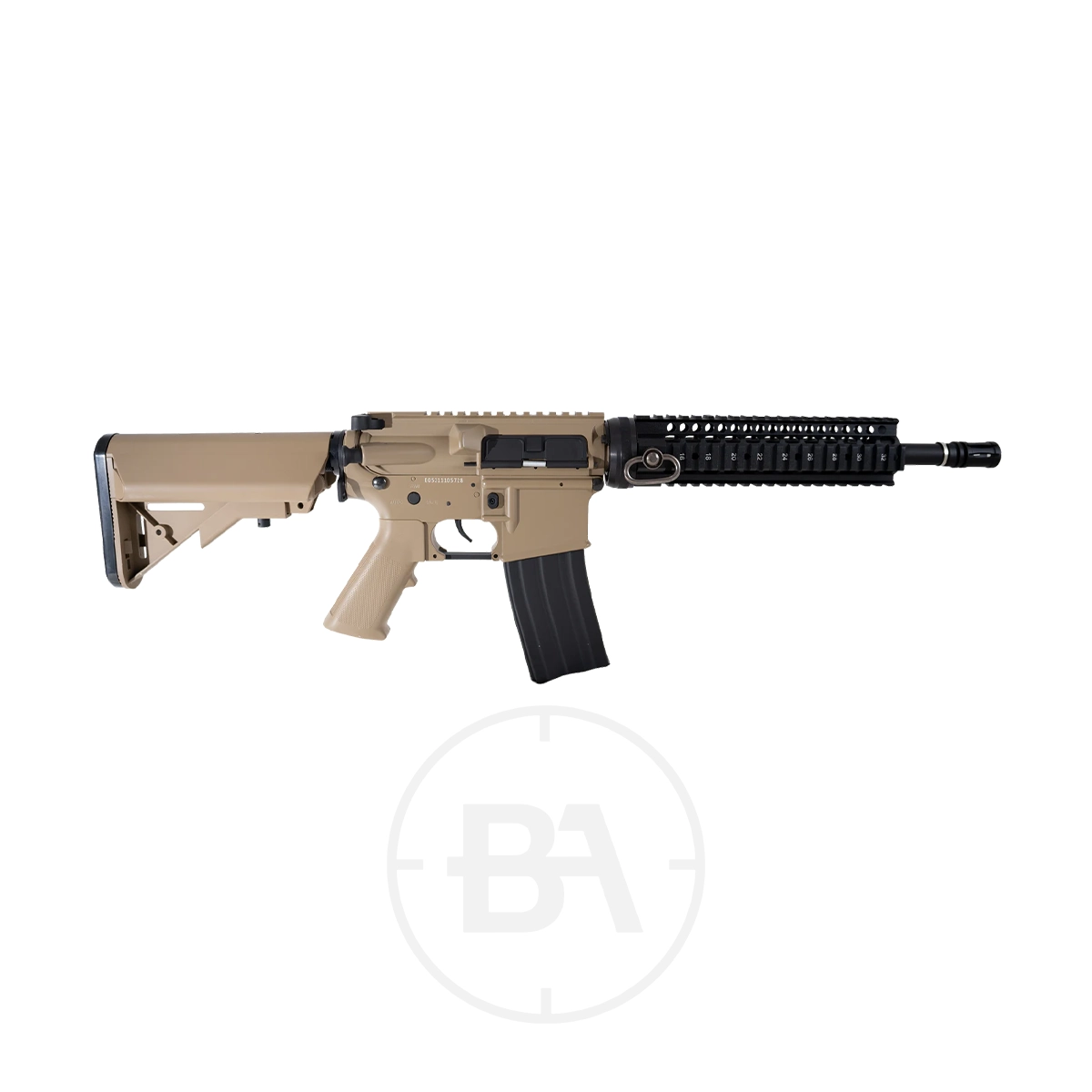 Swiss Arms M4 Saturn CO2 BB Rifle 7 The Swiss Arms M4 Saturn CO2 BB Rifle in tan and black features a collapsible stock, pistol grip, short barrel with rail system, and is shown against a white background.