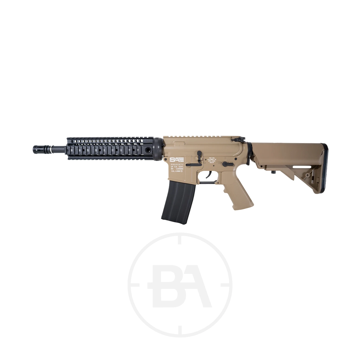 Swiss Arms M4 Saturn CO2 BB Rifle 5 The Swiss Arms M4 Saturn CO2 BB Rifle in tan and black features a rail system, black magazine, collapsible stock, and tactical grip. It is shown on a white background with a faint "BA" logo below.