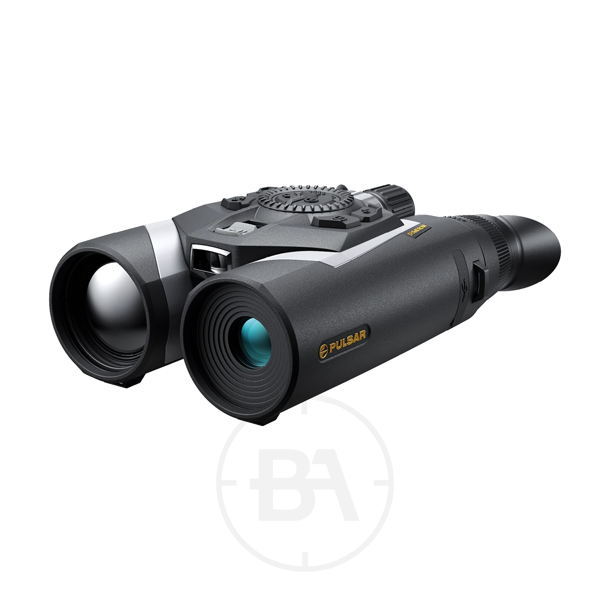 Pulsar Symbion LRF DXT50 Multispectral Binoculars 1 The Pulsar Symbion LRF DXT50 Multispectral Binoculars feature a dual-lens design, black body, top control dials, and side Pulsar logo—highlighted against a white background.