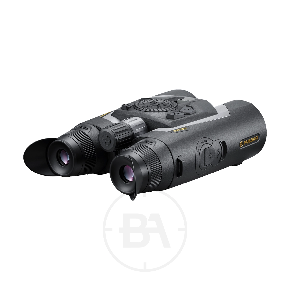 Pulsar Symbion LRF DXT50 Multispectral Binoculars 3 A pair of black Pulsar Symbion LRF DXT50 Multispectral Binoculars featuring multiple adjustment dials, rubber eyepieces, lens covers, and side buttons for advanced functions.