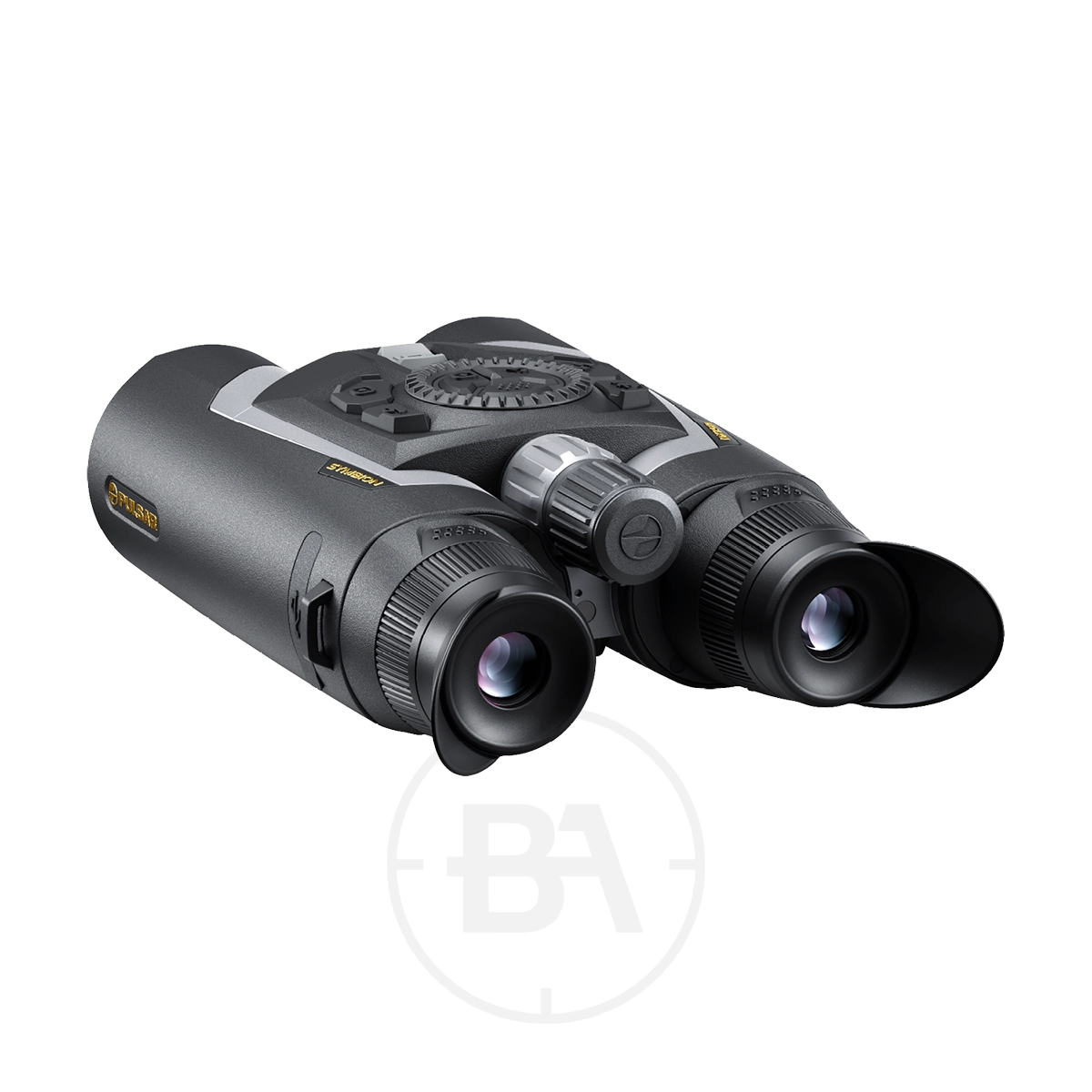 Pulsar Symbion LRF DXT50 Multispectral Binoculars 5 A pair of black and grey Pulsar Symbion LRF DXT50 Multispectral Binoculars with rubber eyecups and adjustment knobs, viewed at an angle on a white background. The brand logo appears on the side with a faint watermark below the binoculars.