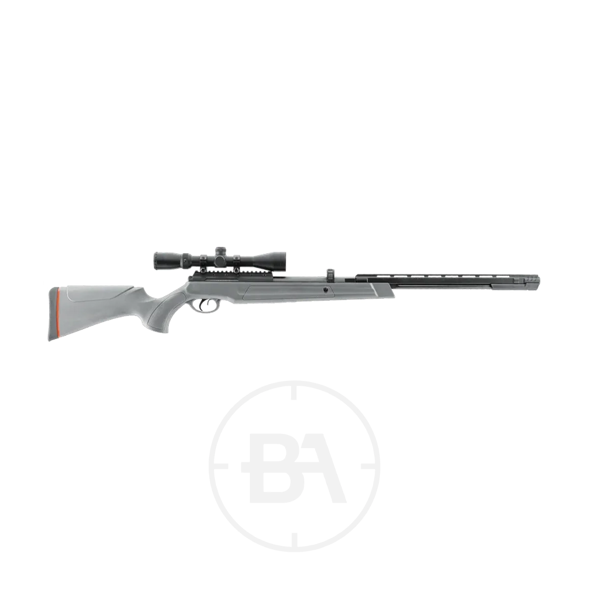 Umarex UX Synergis Elite Spring Air Rifle Kit 1 The Umarex UX Synergis Elite Spring Air Rifle Kit, featuring a grey synthetic stock, black barrel, and attached scope, is displayed on a white background.