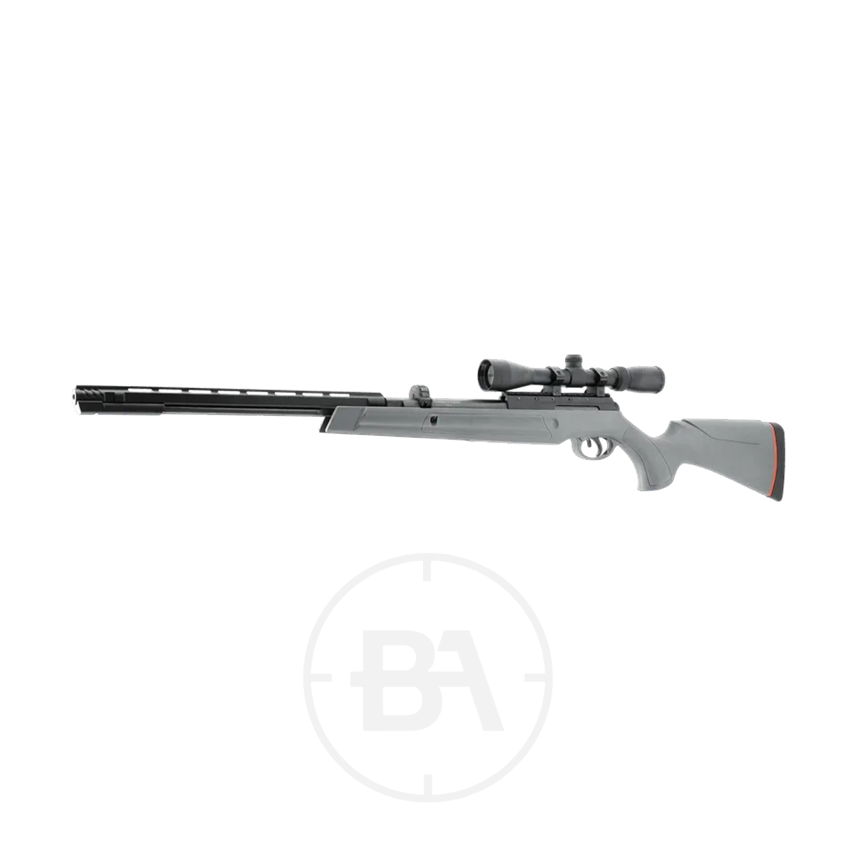 Umarex UX Synergis Elite Spring Air Rifle Kit 3 The Umarex UX Synergis Elite Spring Air Rifle Kit, shown with a long grey barrel, black scope, and synthetic stock on a white background, is the ideal choice for any air rifle enthusiast.