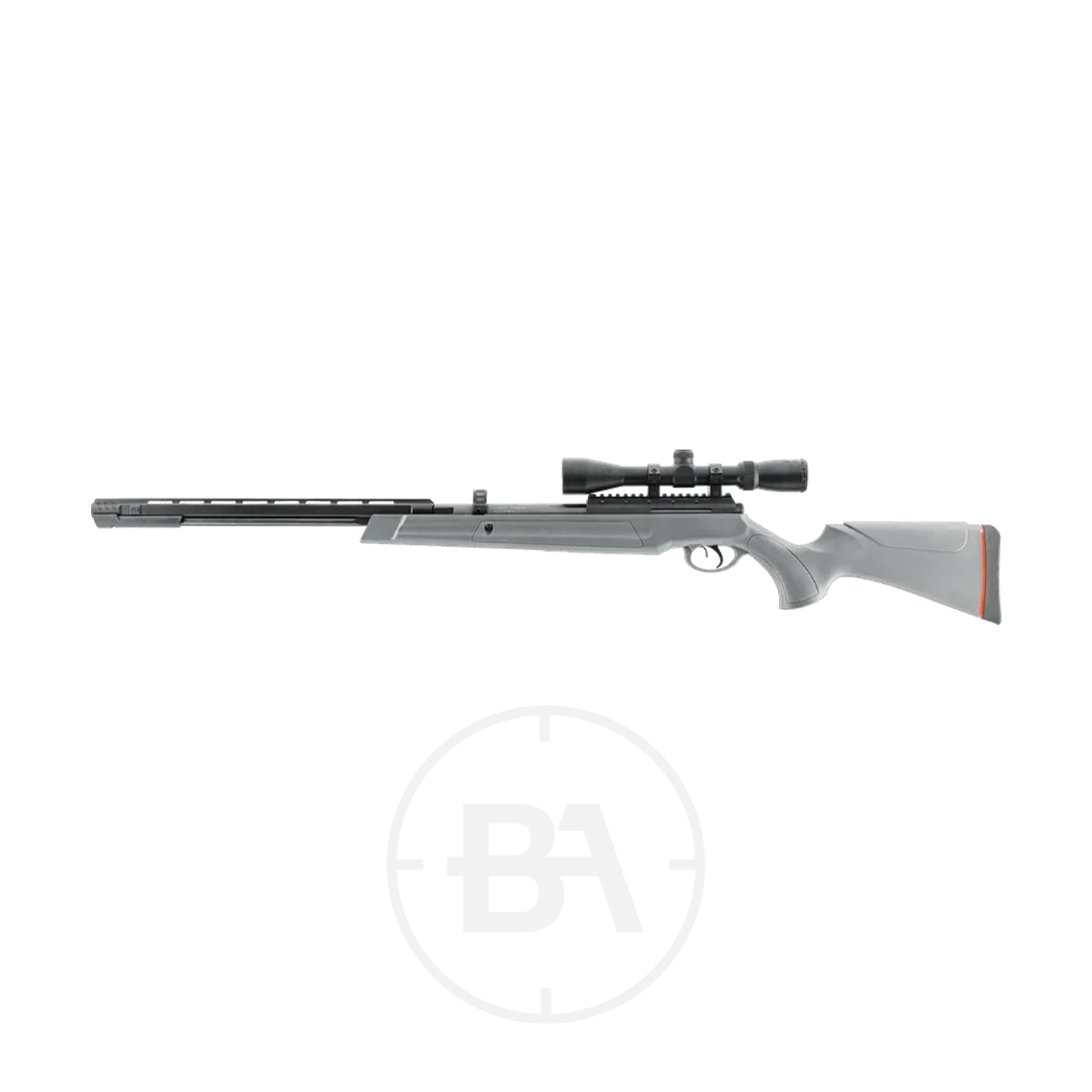 Umarex UX Synergis Elite Spring Air Rifle Kit 5 A side view of the Umarex UX Synergis Elite Spring Air Rifle Kit is shown on a white background, featuring a grey synthetic stock, ribbed barrel, and attached scope.