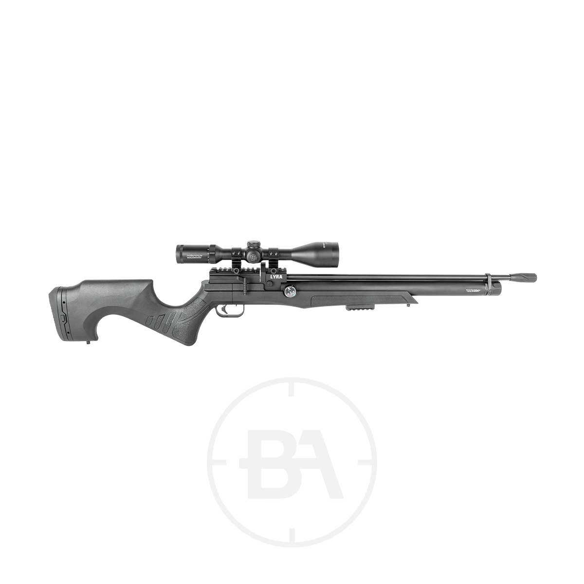 Reximex Lyra PCP Air Rifle 1 A black Reximex Lyra PCP air rifle with a mounted scope and contoured stock is displayed on a white background with a faint circular logo beneath it.