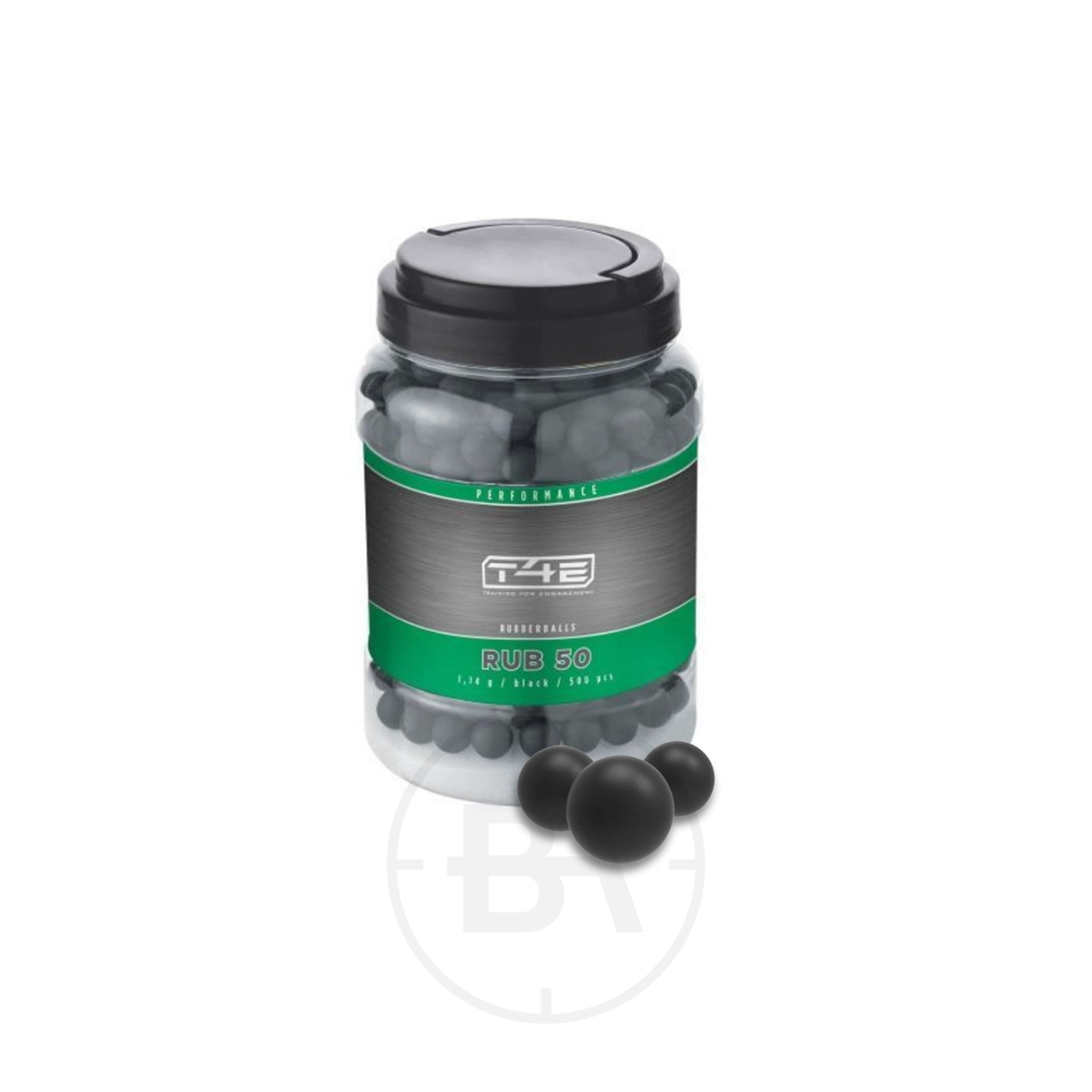 Umarex T4E .43 Calibre Rubber Balls (x500) 1 A plastic jar labeled "Umarex T4E .50 Calibre Rubber Balls (x500)" contains rubber balls, with three balls placed in front of the jar.