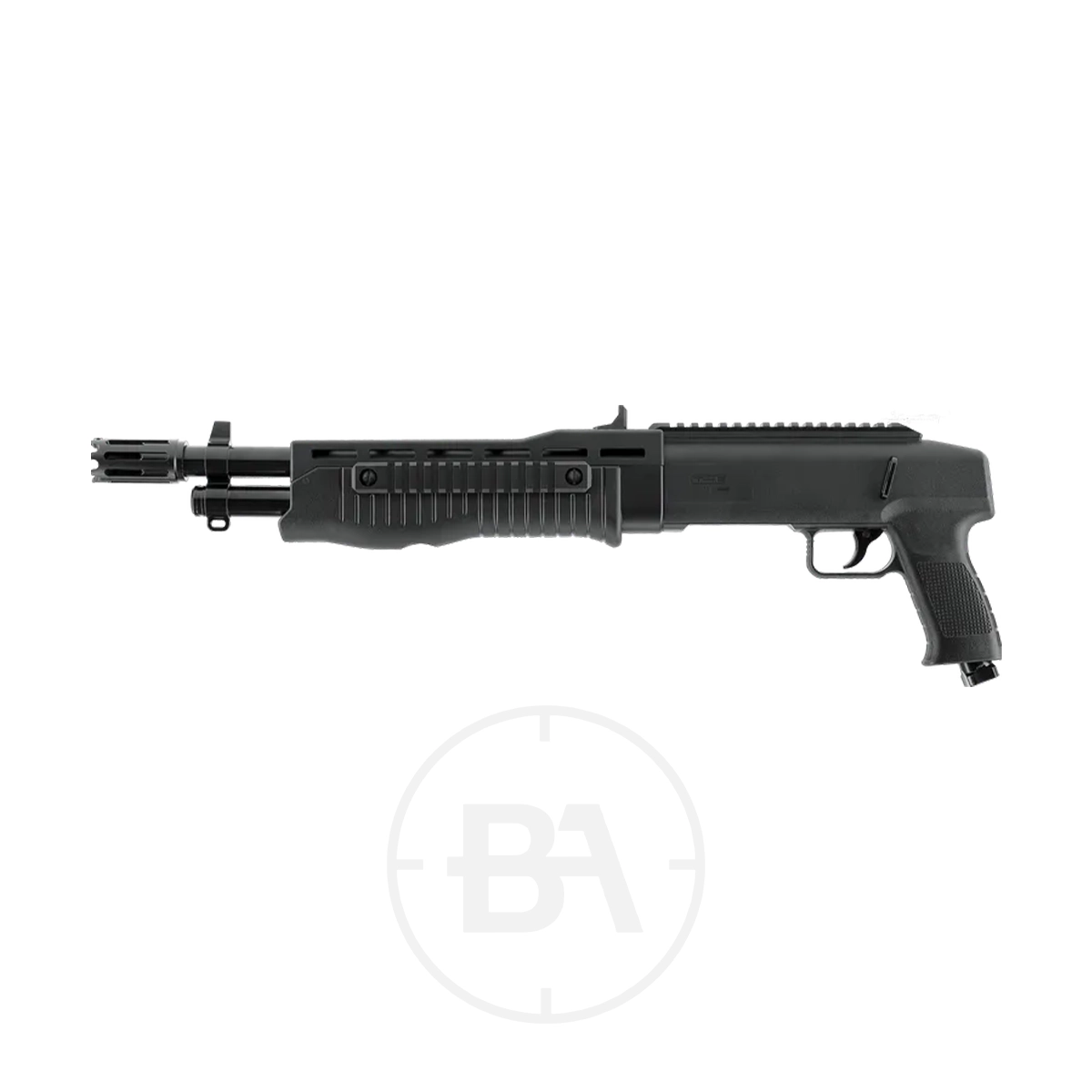 Umarex T4E TB 68 Gen2 CO2 Paintball Shotgun 3 The Umarex T4E TB 68 Gen2 CO2 Paintball Shotgun, featuring a black finish, pistol grip, short barrel, and ribbed fore-end, is shown on a white background.