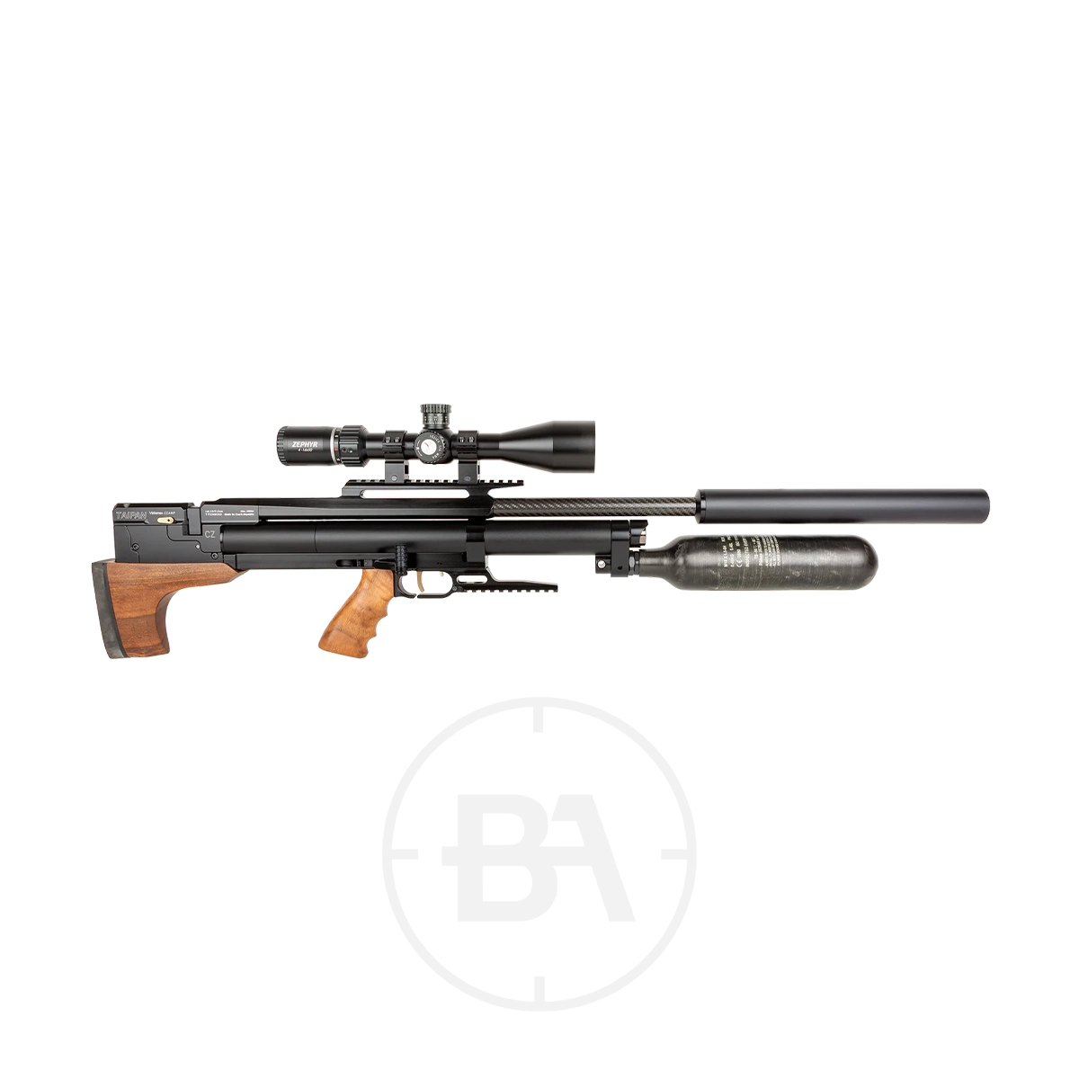 Taipan Veteran II Tactical Regulated PCP Air Rifle 3 A modern black Taipan Veteran II PCP Air Rifle with a wooden grip and stock, mounted scope, long barrel, and attached carbon fibre air tank, shown on a white background.
