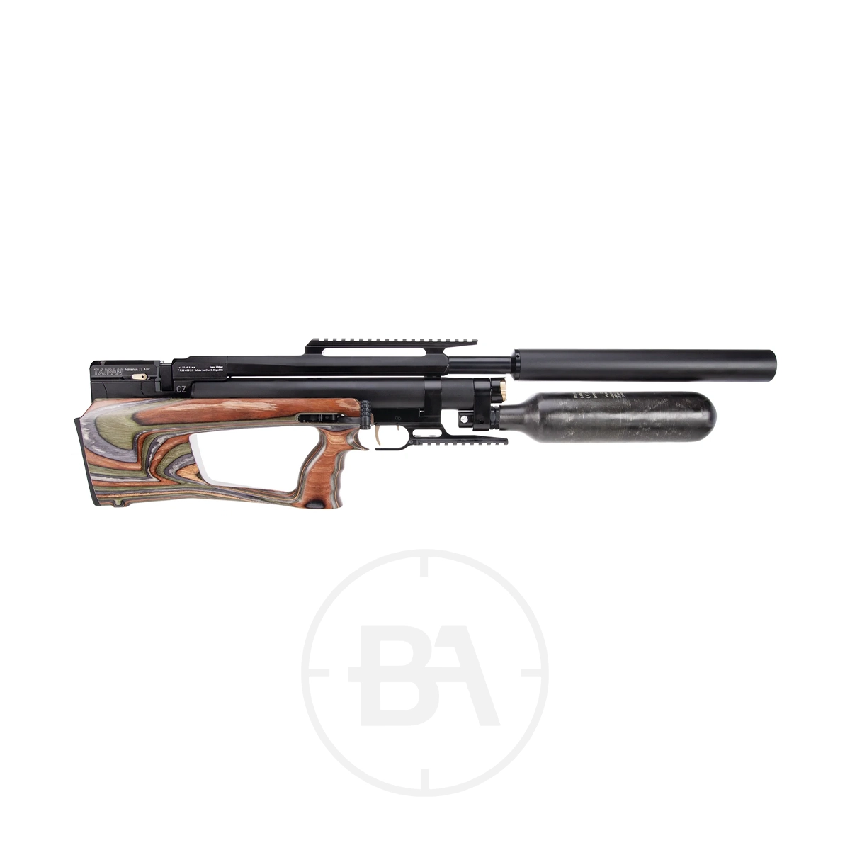 Taipan Veteran II Tactical Regulated PCP Air Rifle 5 A modern PCP air rifle with a patterned wooden stock, black barrel, integrated silencer, and attached air cylinder, displayed on a white background.