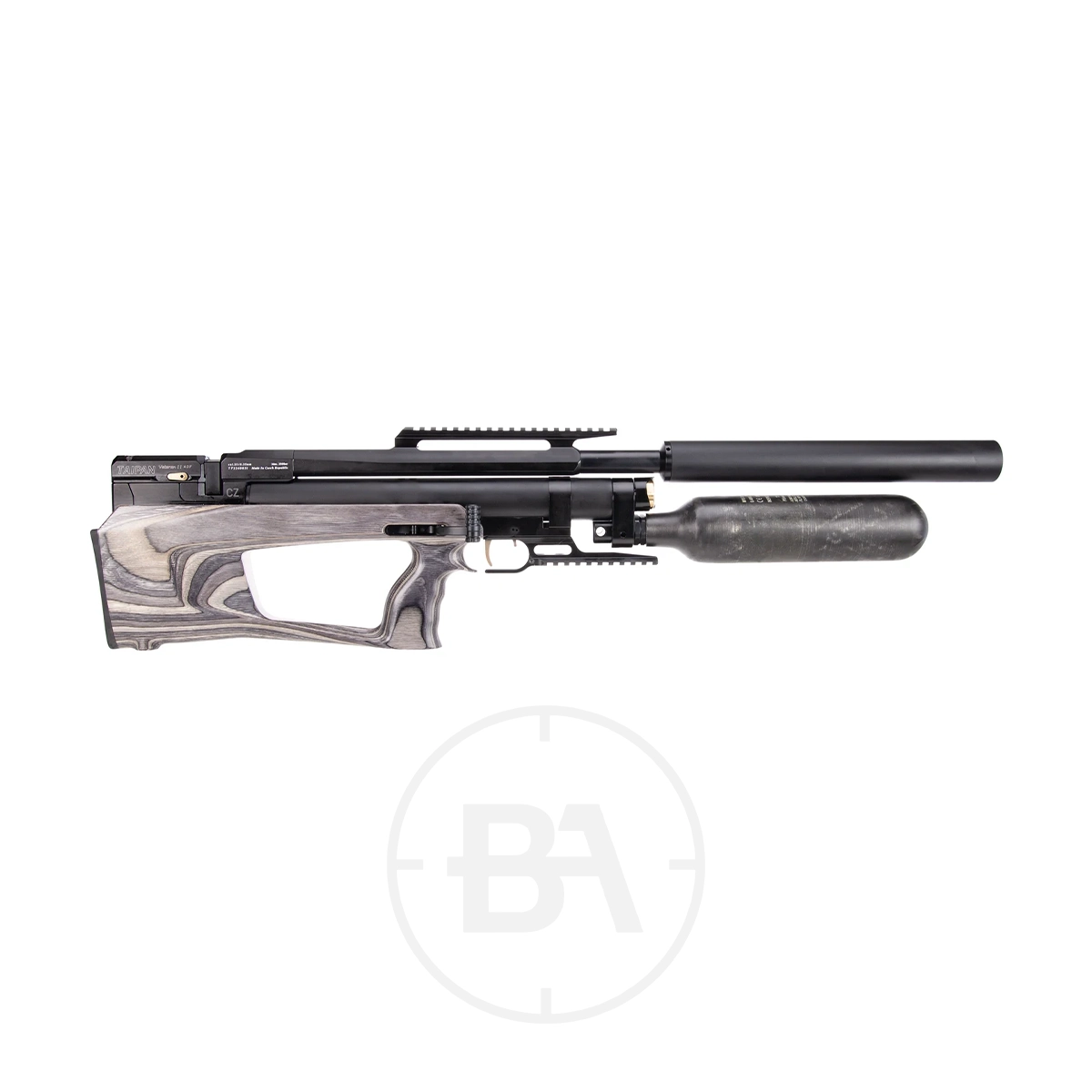 Taipan Veteran II Tactical Regulated PCP Air Rifle 7 A black and grey modern Tactical PCP Air Rifle with a wooden stock, mounted air cylinder, and attached barrel is displayed on a white background.