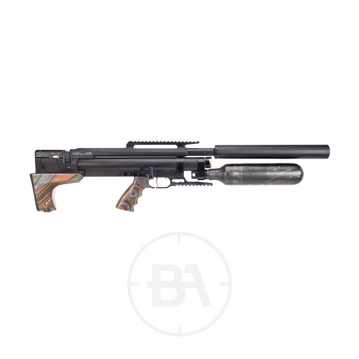Taipan Veteran II Tactical Regulated PCP Air Rifle 9 A black Taipan Veteran II PCP Air Rifle with a multicoloured wooden grip and stock, a large cylindrical air tank, and a long barrel, shown on a white background with a faint circular "BA" logo watermark.