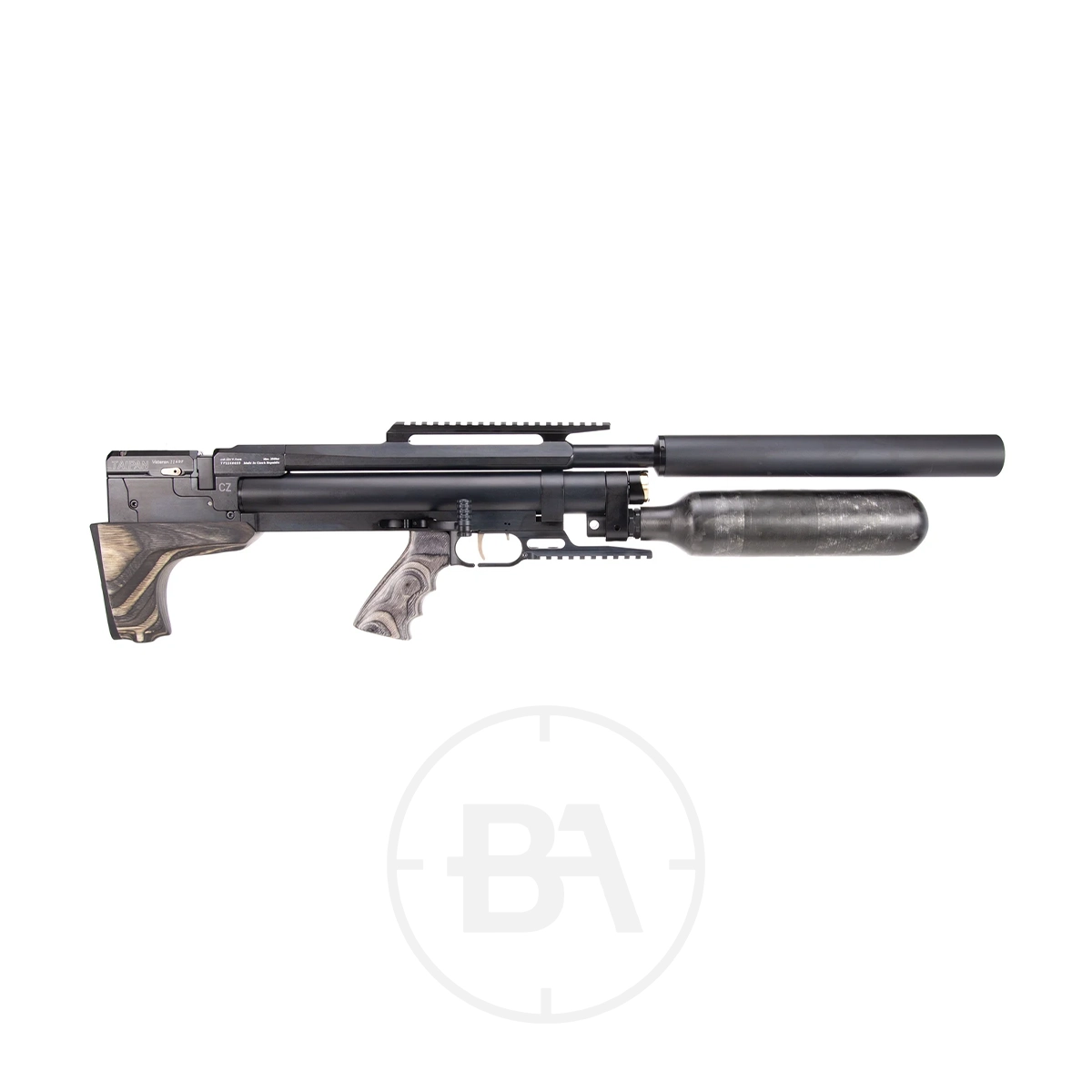 Taipan Veteran II Tactical Regulated PCP Air Rifle 11 A black and silver Taipan Veteran II PCP Air Rifle with a large cylindrical air tank below the barrel, a tactical rail on top, and a wooden stock and grip, photographed on a white background.