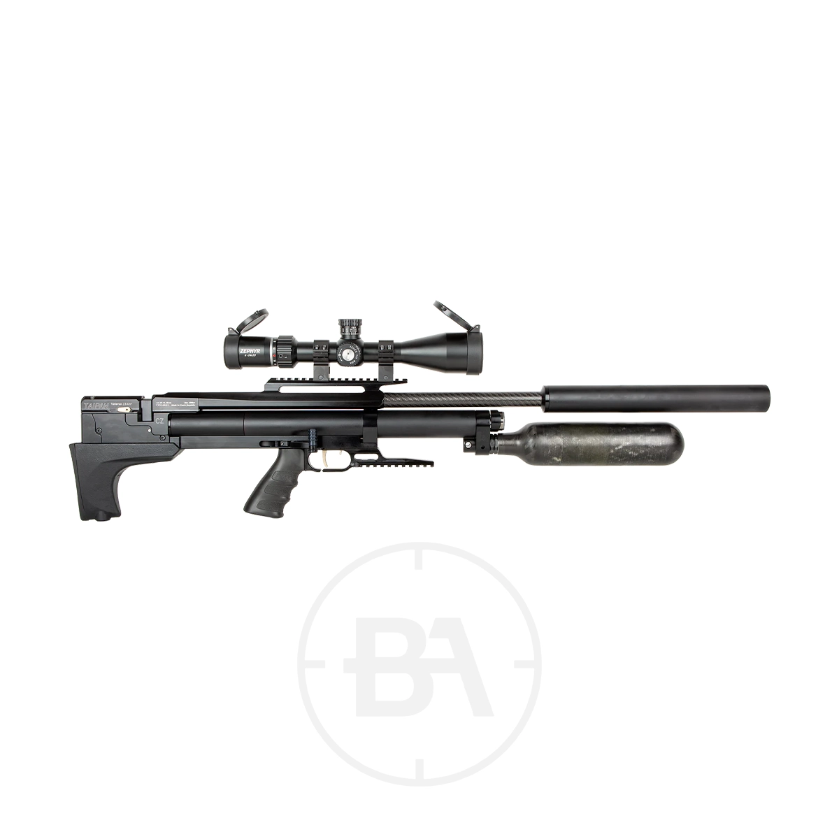 Taipan Veteran II Tactical Regulated PCP Air Rifle 21 A modern black PCP air rifle, the Taipan Veteran II, with a scope and suppressor, plus a large air cylinder below, is displayed on a white background with a faint circular logo behind it for a sleek tactical look.