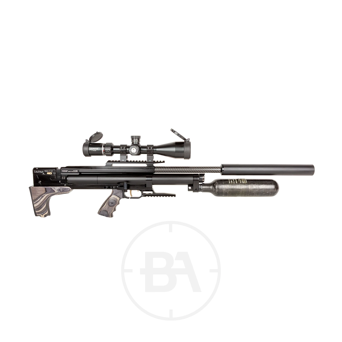Taipan Veteran II Tactical Regulated PCP Air Rifle 19 A black, modern tactical PCP air rifle with a mounted scope, silencer, and a large cylindrical air tank attached underneath, displayed on a white background.