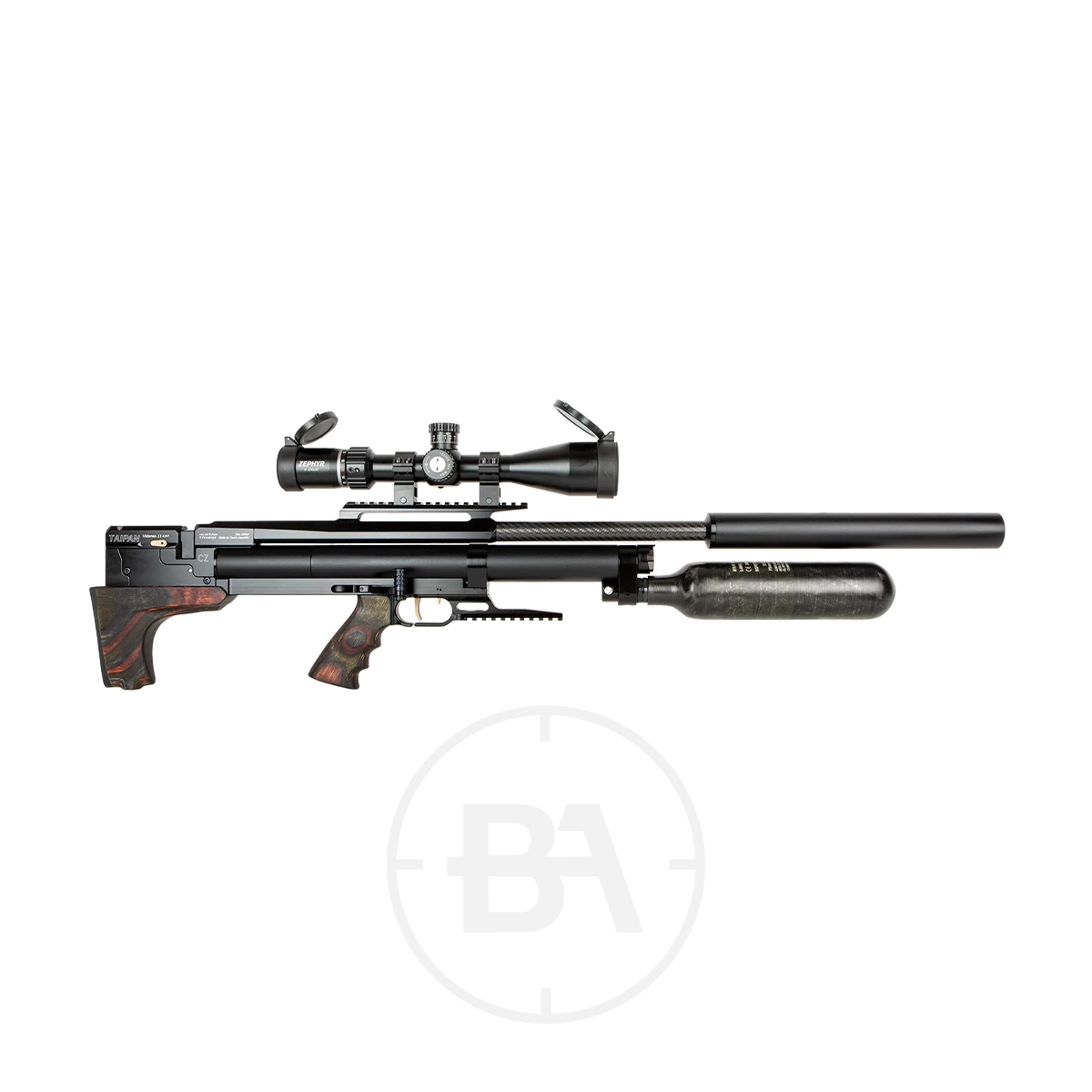 Taipan Veteran II Tactical Regulated PCP Air Rifle 17 A high-powered Tactical PCP Air Rifle with a black and red grip, mounted scope, long barrel, and attached air cylinder, displayed on a white background with a faint circular logo behind it.