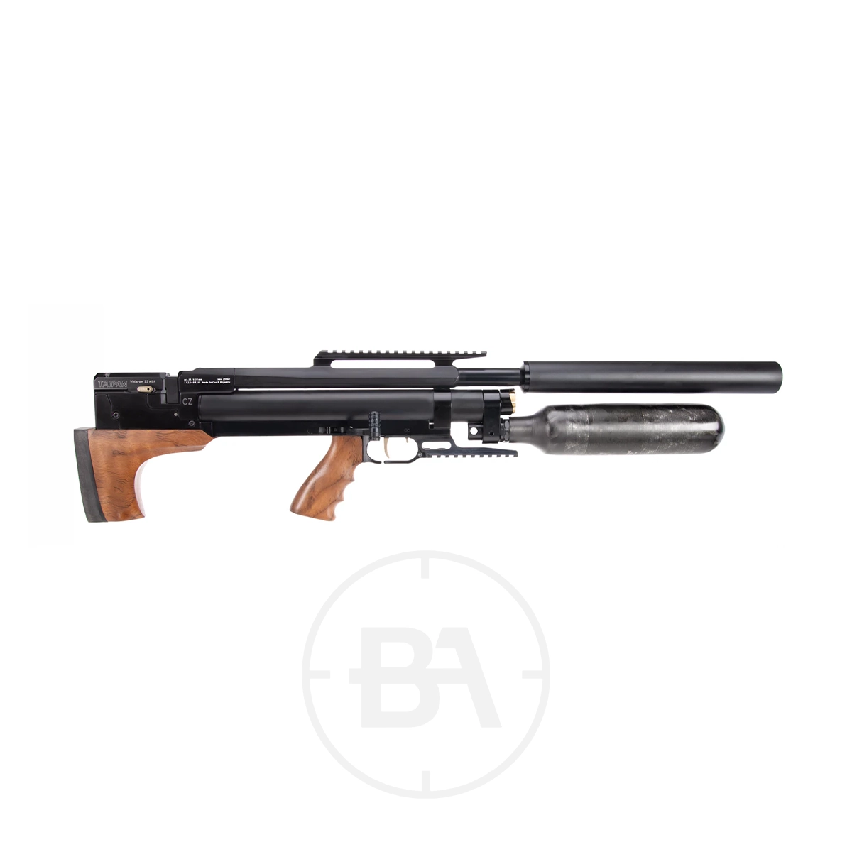 Taipan Veteran II Tactical Regulated PCP Air Rifle 13 A black and brown Taipan Veteran II PCP Air Rifle with a wooden stock, tactical rail, and large attached air tank, displayed on a white background.