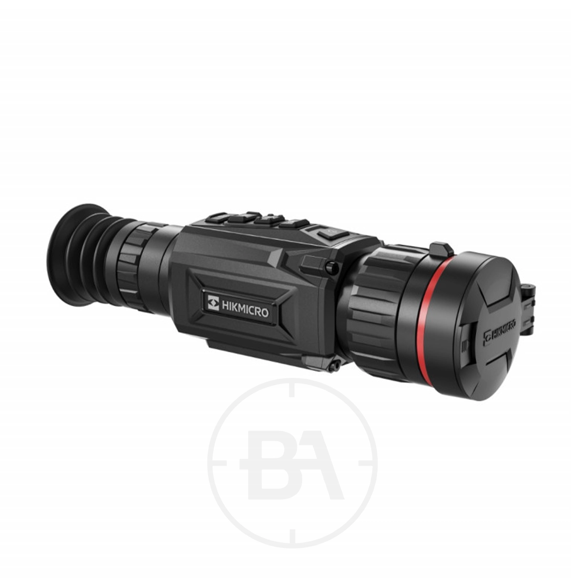 HIKMICRO Thunder Zoom 2.0 TH50Z Thermal Rifle Scope 1 The HIKMICRO Thunder Zoom 2.0 TH50Z Thermal Rifle Scope features a black body, top-mounted buttons, a ribbed eyepiece, and a lens cover with a red accent ring.