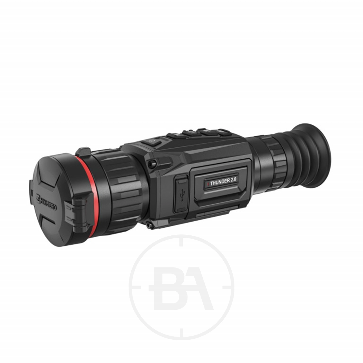 HIKMICRO Thunder Zoom 2.0 TH50Z Thermal Rifle Scope 3 The HIKMICRO Thunder Zoom 2.0 TH50Z Thermal Rifle Scope is black and red, featuring a ridged eyepiece and easy-to-use top buttons.