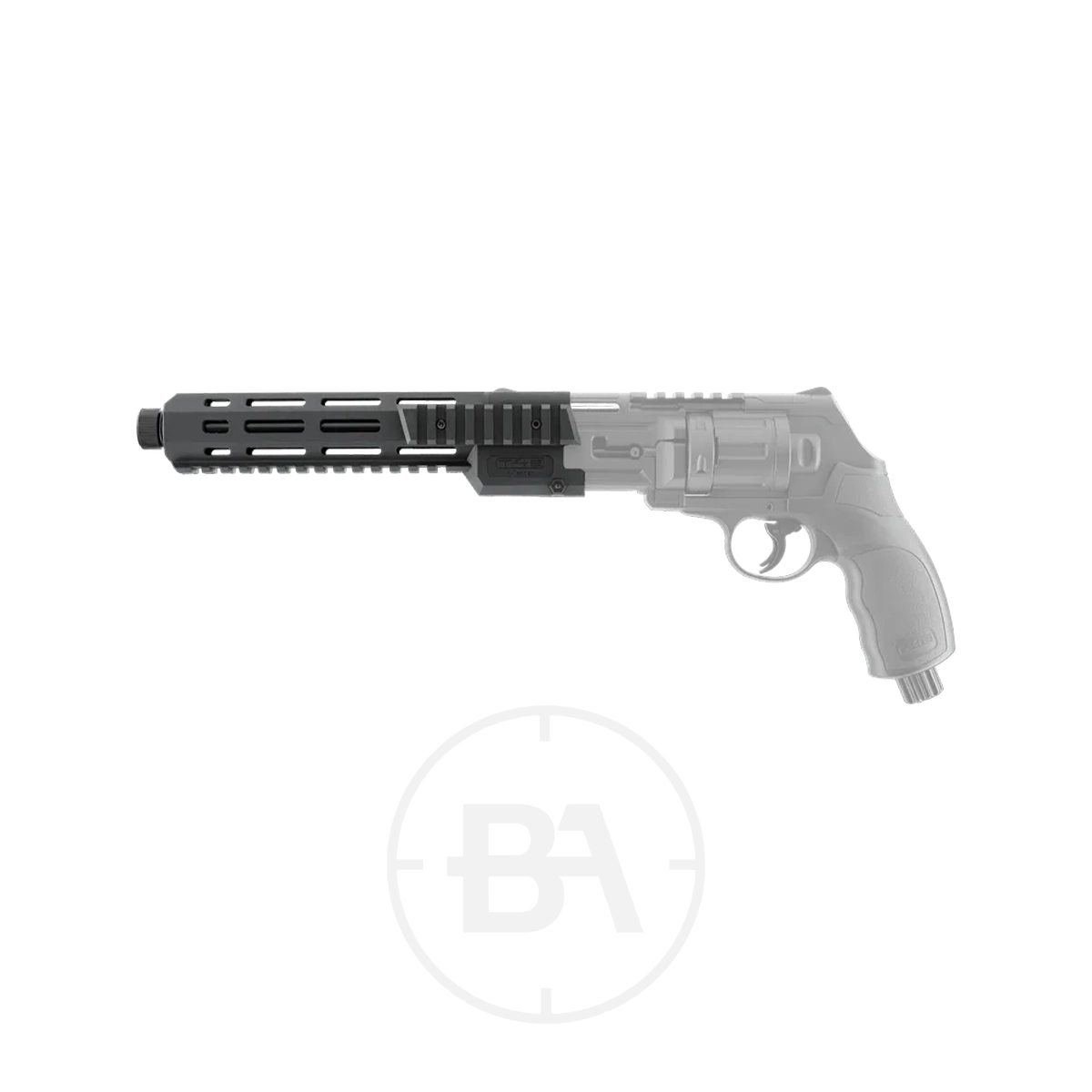 Umarex T4E TR 50 X-Tender Muzzle Attatchment 1 A matte black Umarex T4E TR 50 X-Tender Muzzle Attachment is mounted on the front of a partially visible TR 50 revolver, showcasing its integrated rail attachment for enhanced versatility.
