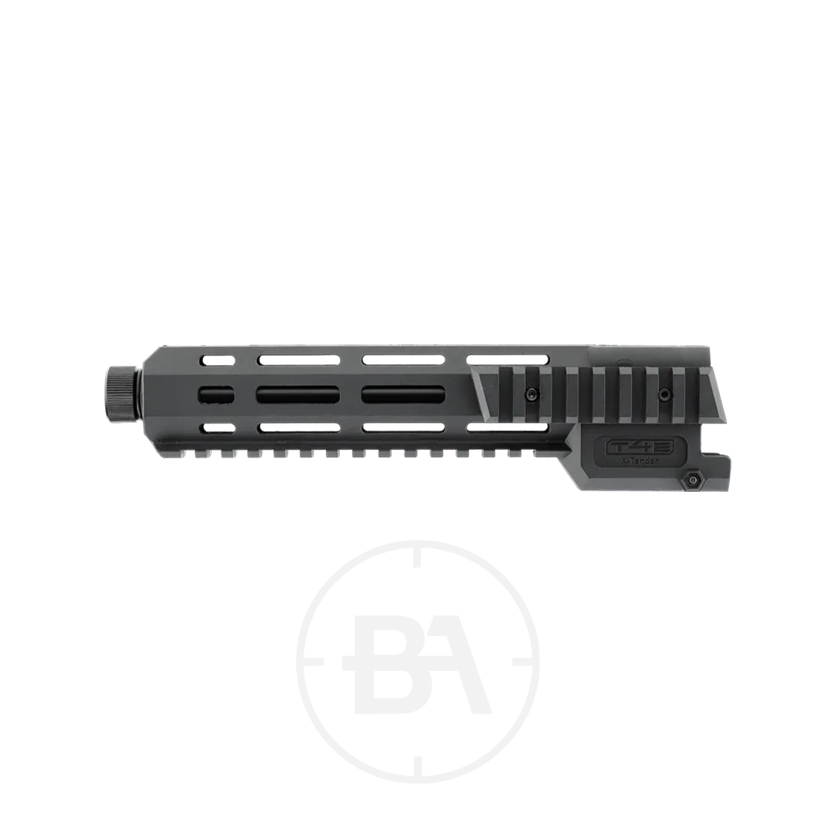 Umarex T4E TR 50 X-Tender Muzzle Attatchment 3 The Umarex T4E TR 50 X-Tender Muzzle Attachment is a black metal handguard with multiple rail slots, attachment points, and a knurled cap for easy muzzle installation. Features TR 50 X-Tender branding and fits Umarex T4E models.