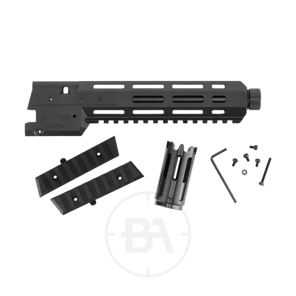 Umarex T4E TR 50 X-Tender Muzzle Attatchment 5 Umarex T4E TR 50 X-Tender Muzzle Attachment kit with handguard, rail segments, screws, hex key, and hardware for Umarex T4E TR 50, arranged on a white background.