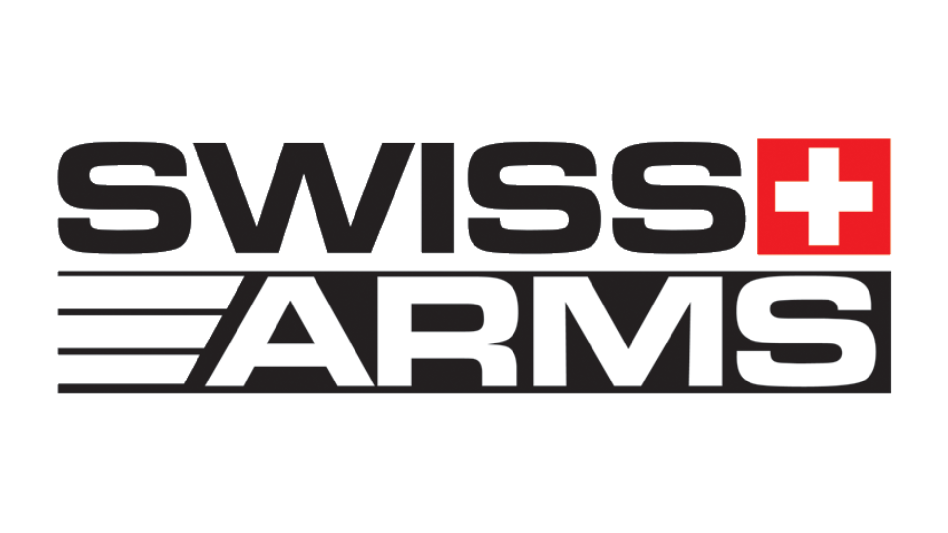 Swiss Arms logo with bold black text, a red square featuring a white cross next to the word 'SWISS,' and horizontal black lines beside 'ARMS' below.