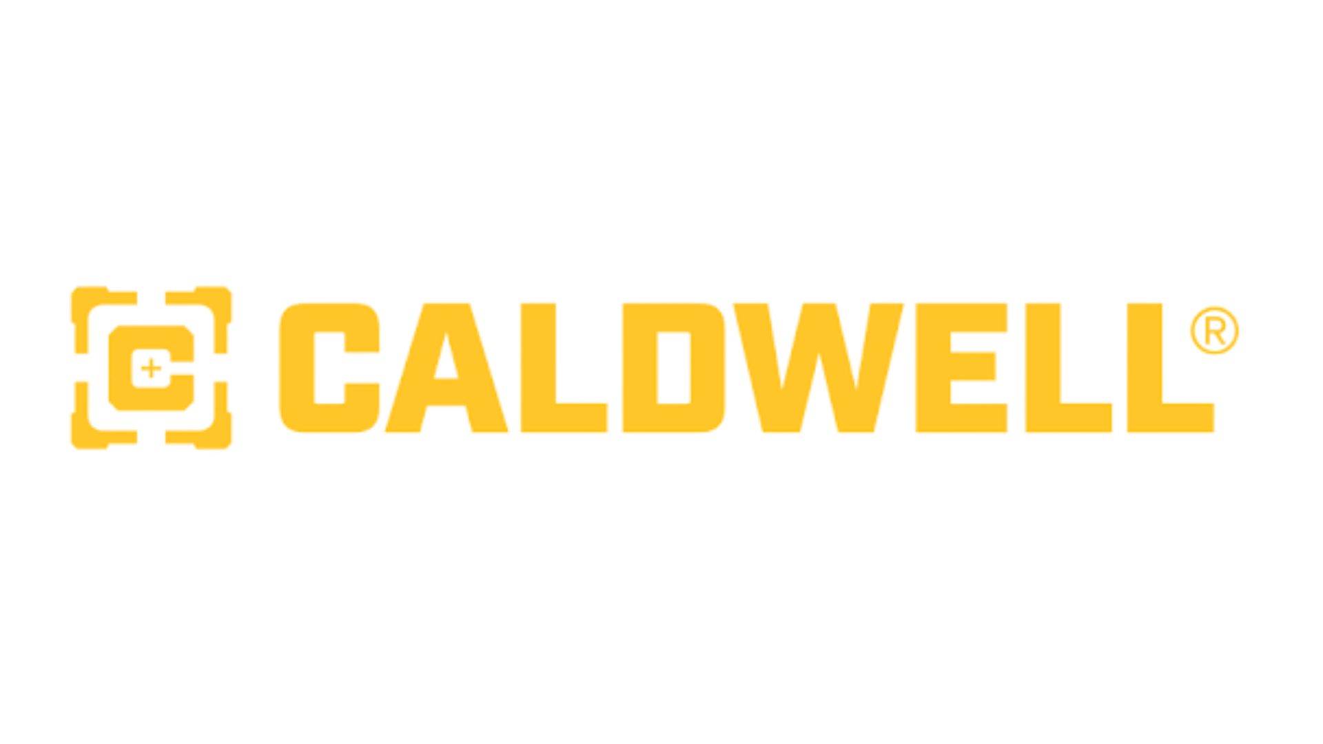 Yellow “CALDWELL” text in bold, uppercase letters with a yellow target-like logo to the left, all on a light grey background.