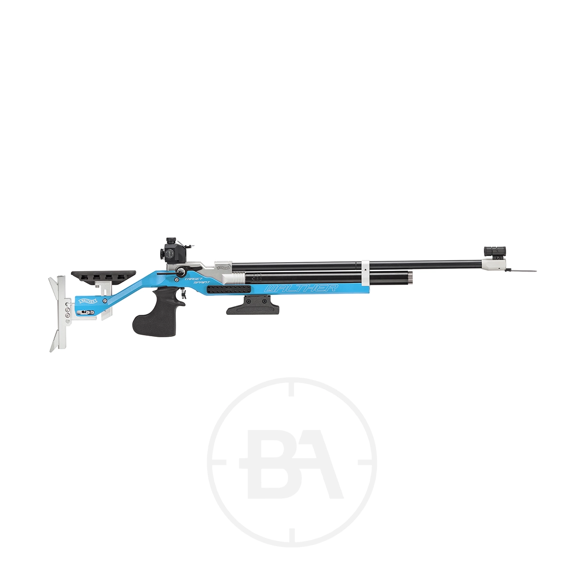 Carl Walther LG400 M Target Sprint Rifle 1 Side view of the blue and black Walther LG400 M Target Sprint Rifle with a long barrel and adjustable stock, ideal for Target Sprint shooting, set against a white background.