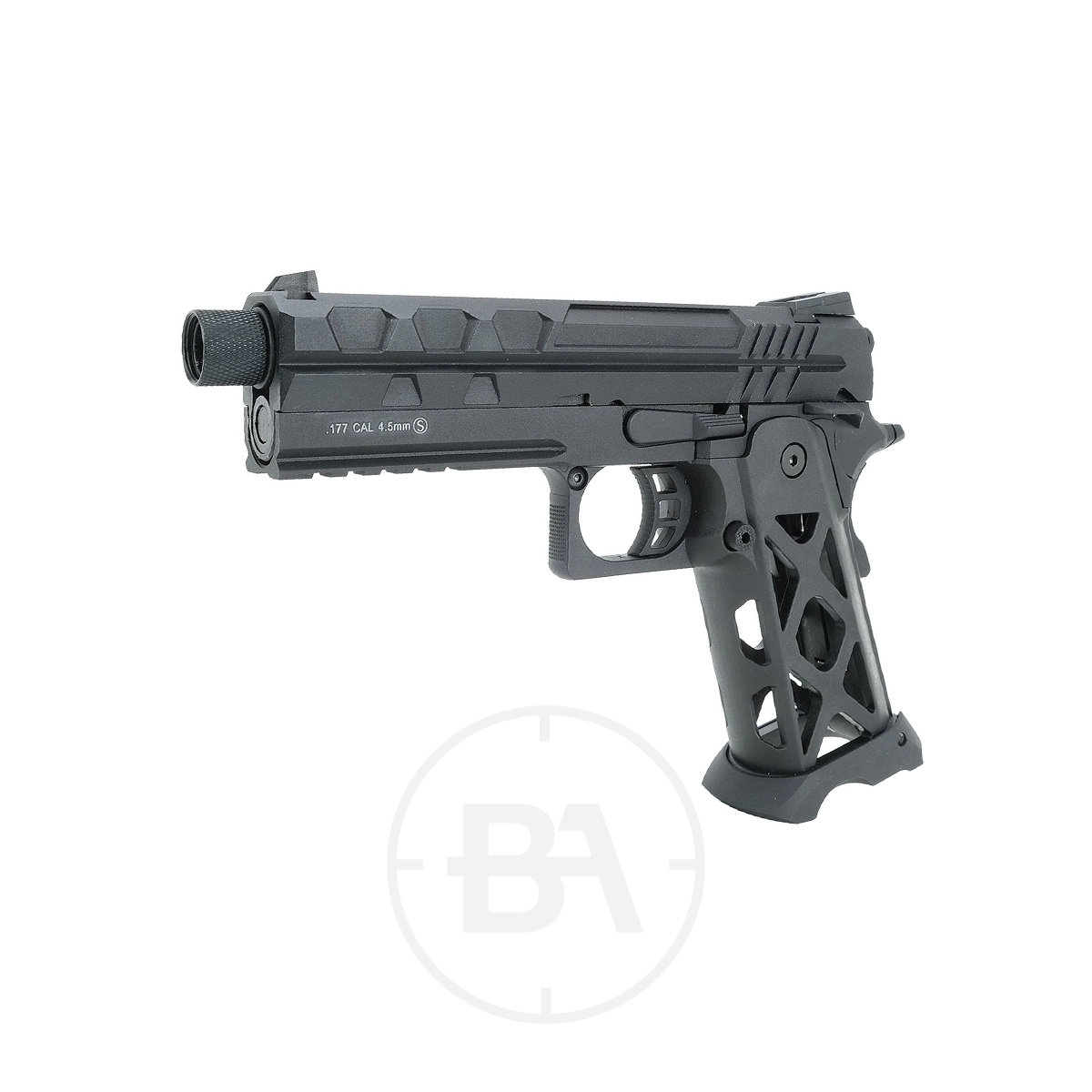 Krown Land Tartarus Hi-Capa MKII CO2 BB Pistol With Hard Case 3 The Krown Land Hi-Capa Tartarus MKII CO2 BB Pistol, shown in profile on a white background, features a black modern angular design with an openwork grip, threaded barrel, and tactical styling. Includes hard case.