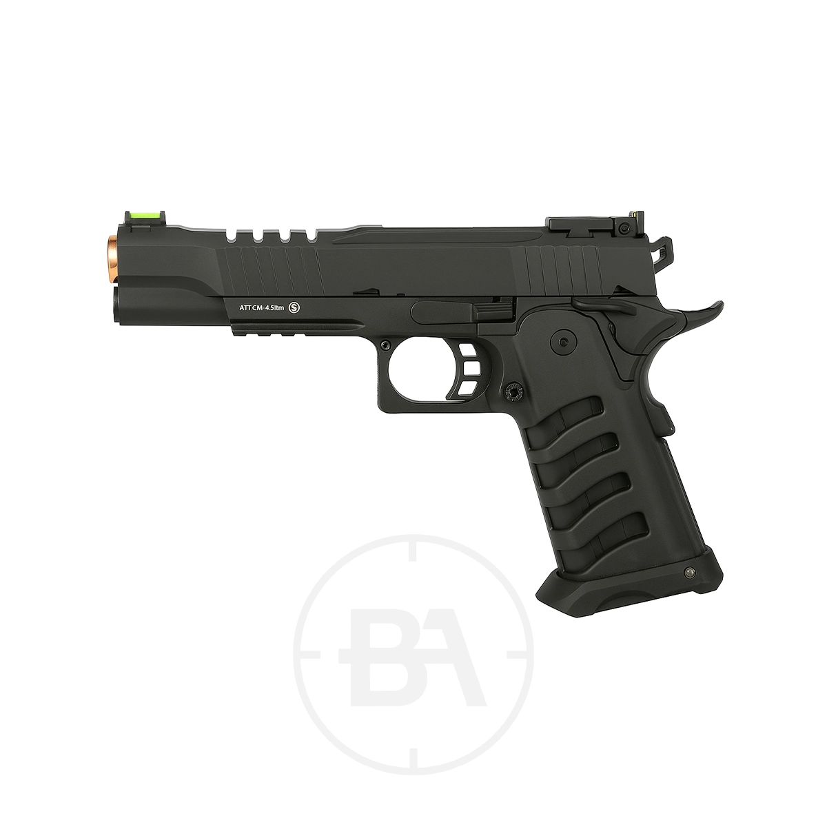 Krown Land Helios Hi-Capa MKIII CO2 BB Pistol With Hard Case 1 A Krown Land Helios Hi-Capa MKIII CO2 BB Pistol with a textured grip, gold barrel tip, and rail under the barrel is shown on a white background.