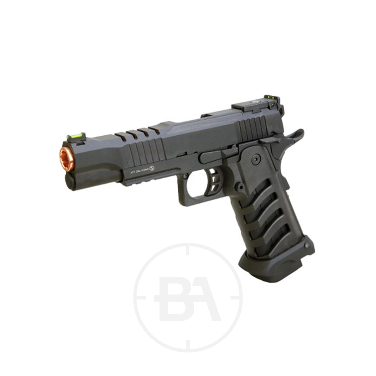 Krown Land Tartarus Hi-Capa MKIII CO2 BB Pistol With Hard Case 3 A black Krown Land Tartarus Hi-Capa MKIII CO2 BB Pistol with a textured grip, orange tip, and green fibre optic sights is displayed on a white background. The BA logo is faintly visible beneath the pistol and its hard case.