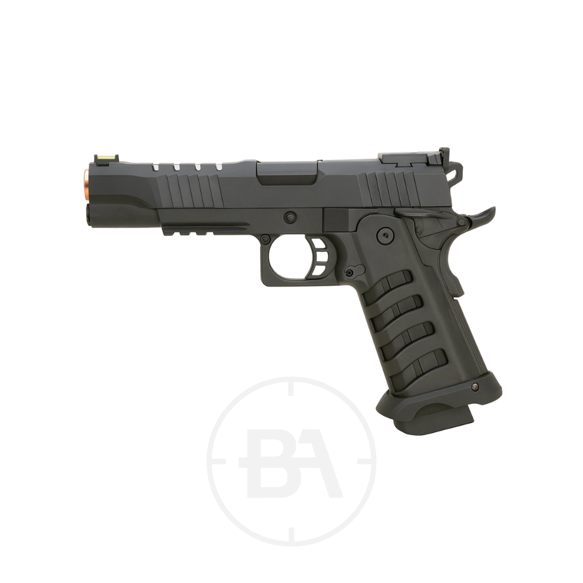 Krown Land Tartarus Hi-Capa MKIII CO2 BB Pistol With Hard Case 1 The Krown Land Tartarus Hi-Capa MKIII CO2 BB Pistol with Hard Case is shown in side profile on a white background, featuring a black finish, textured grips, and an underbarrel rail.