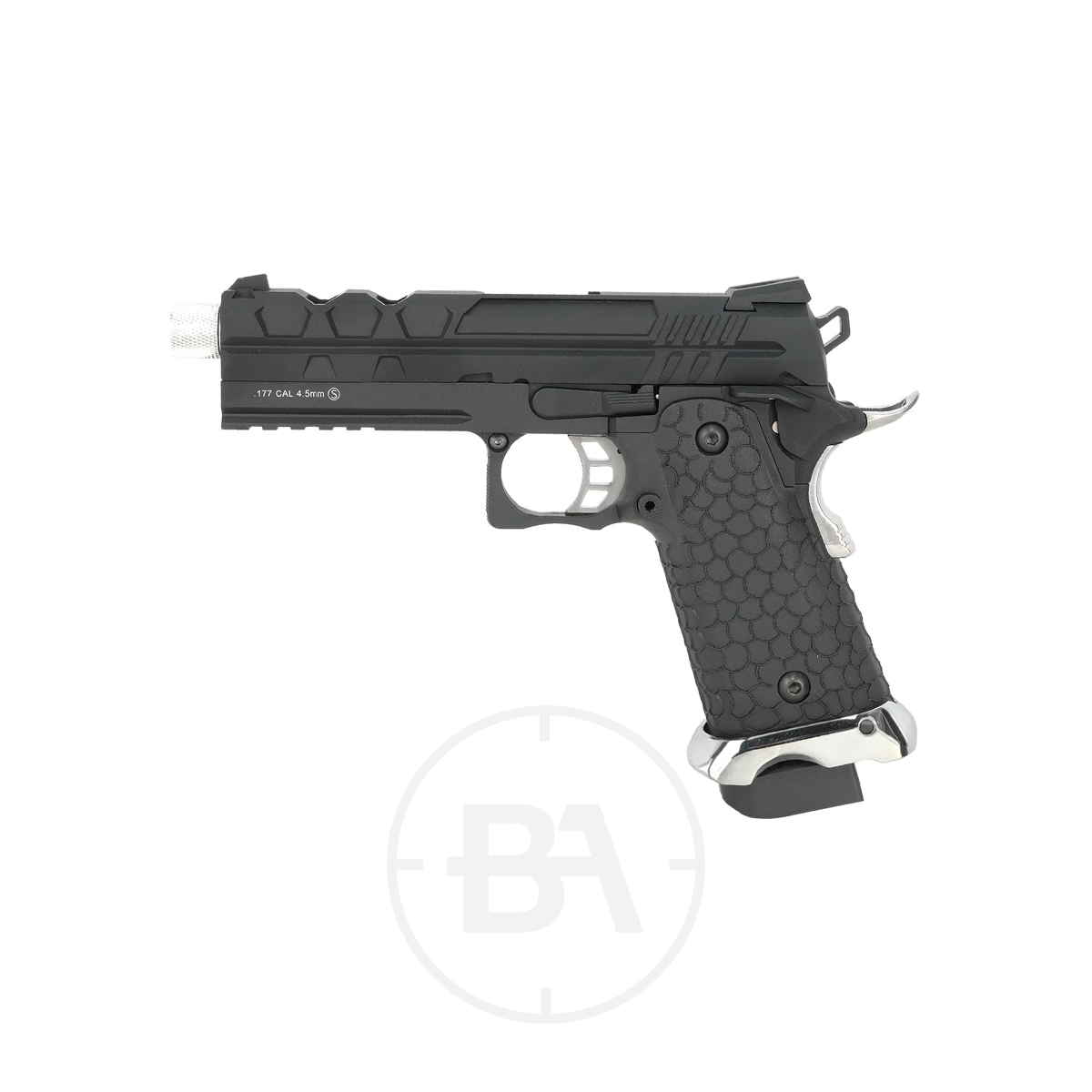 Krown Land Tartarus Hi-Capa MKIV CO2 BB Pistol With Hard Case 1 A Krown Land Tartarus Hi-Capa MKIV CO2 BB Pistol in black with silver accents and a textured grip, displayed on a white background. The magazine base and parts of the trigger also feature silver finishes.