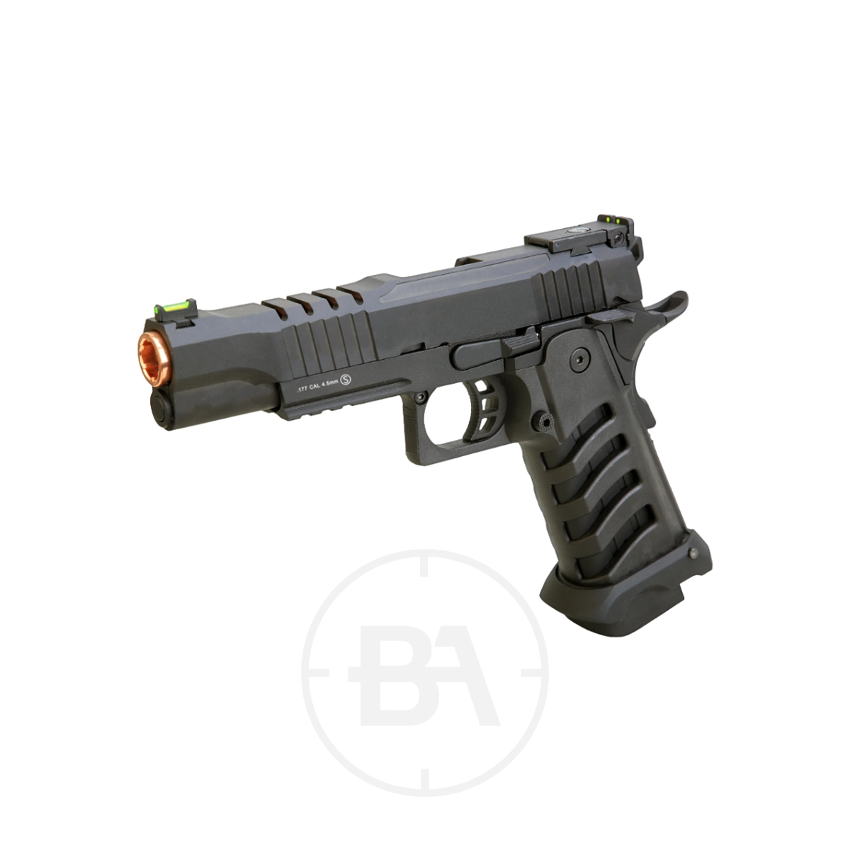Krown Land Helios Hi-Capa MKIII CO2 BB Pistol With Hard Case 3 A Krown Land Helios Hi-Capa MKIII CO2 BB Pistol with a textured grip, orange tip, and green fibre optic sights is shown on a white background with a faint circular logo and comes in a hard case.