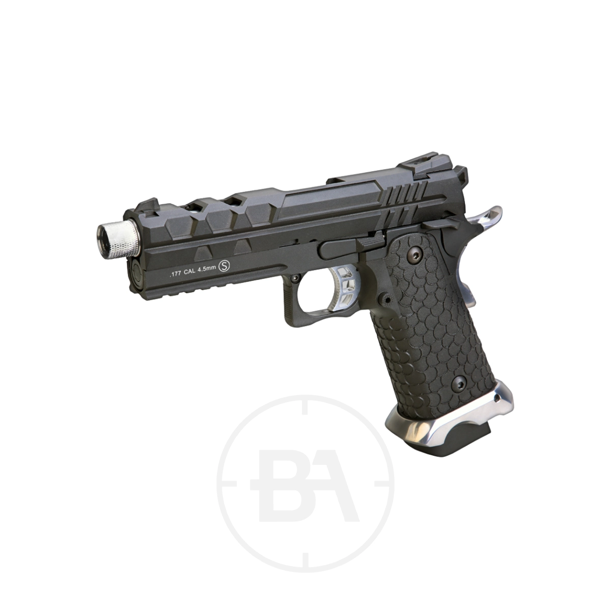 Krown Land Tartarus Hi-Capa MKIV CO2 BB Pistol With Hard Case 3 The Krown Land Tartarus Hi-Capa MKIV CO2 BB Pistol features a black finish, textured grip, silver trigger, and metallic accents, shown in a side view on a white background.