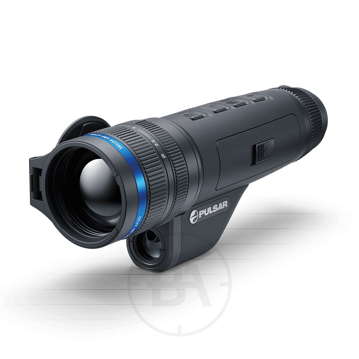 Pulsar Telos LRF XP50 Thermal Imaging Monocular 1 A Pulsar Telos LRF XP50 Thermal Imaging Monocular, black with a large front lens, blue accent ring, top control buttons, and side logo, is shown on a white background.