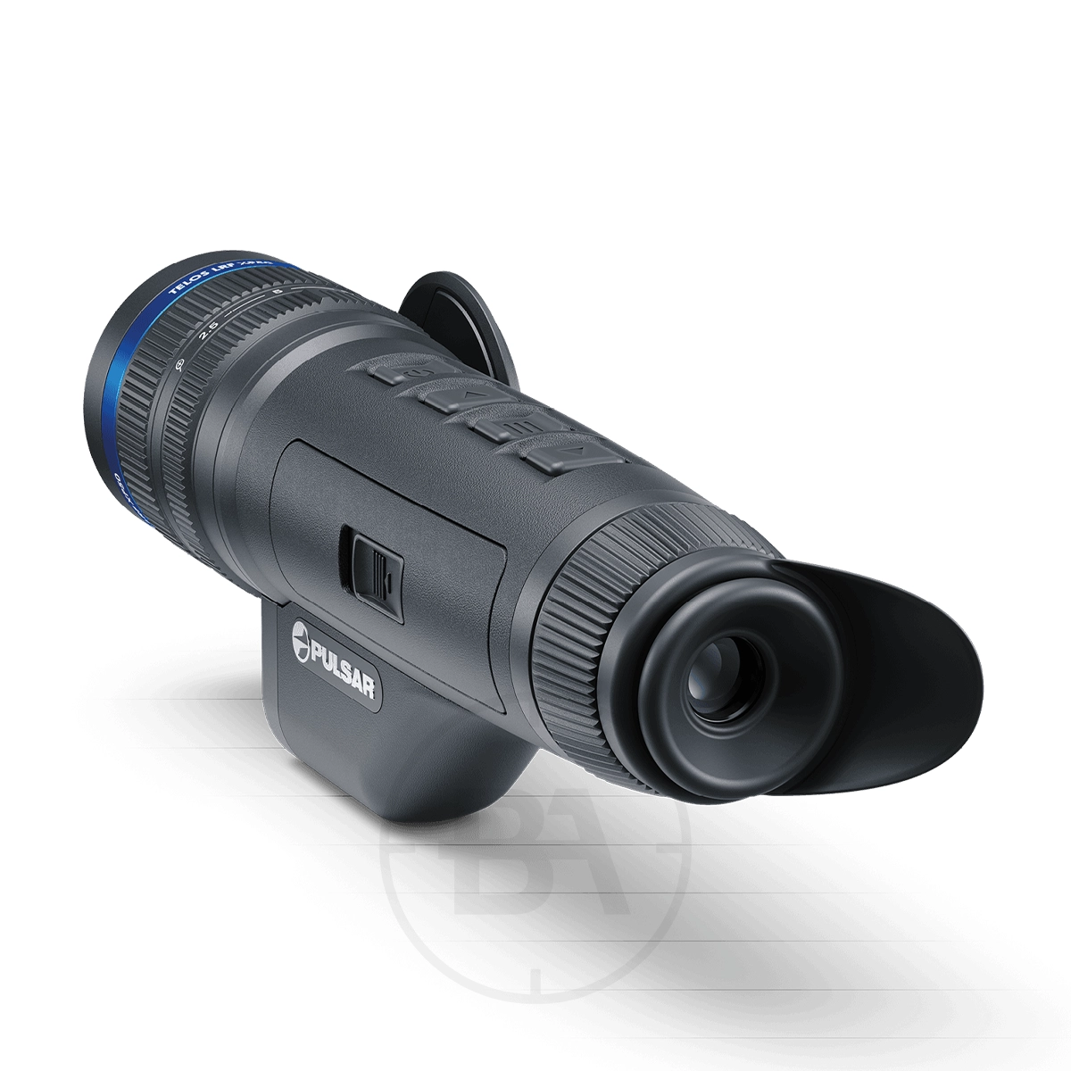 Pulsar Telos LRF XP50 Thermal Imaging Monocular 3 A front-side view of the Pulsar Telos LRF XP50 Thermal Imaging Monocular shows its black body, top control buttons, textured grip, large rubber-cupped eyepiece, and side-mounted bracket.